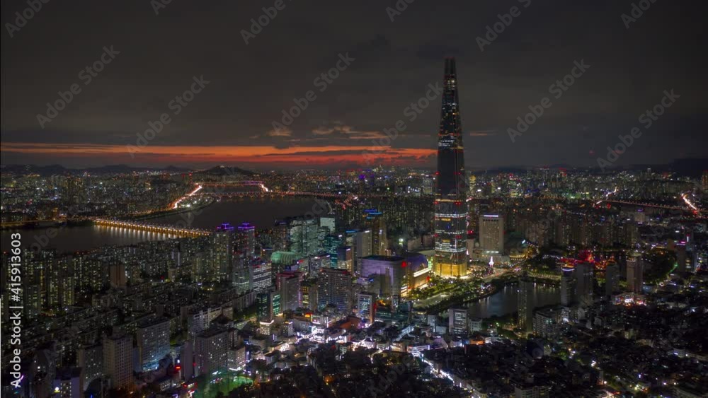sunset night illuminated seoul city famous tower aerial panorama 4k timelapse south korea