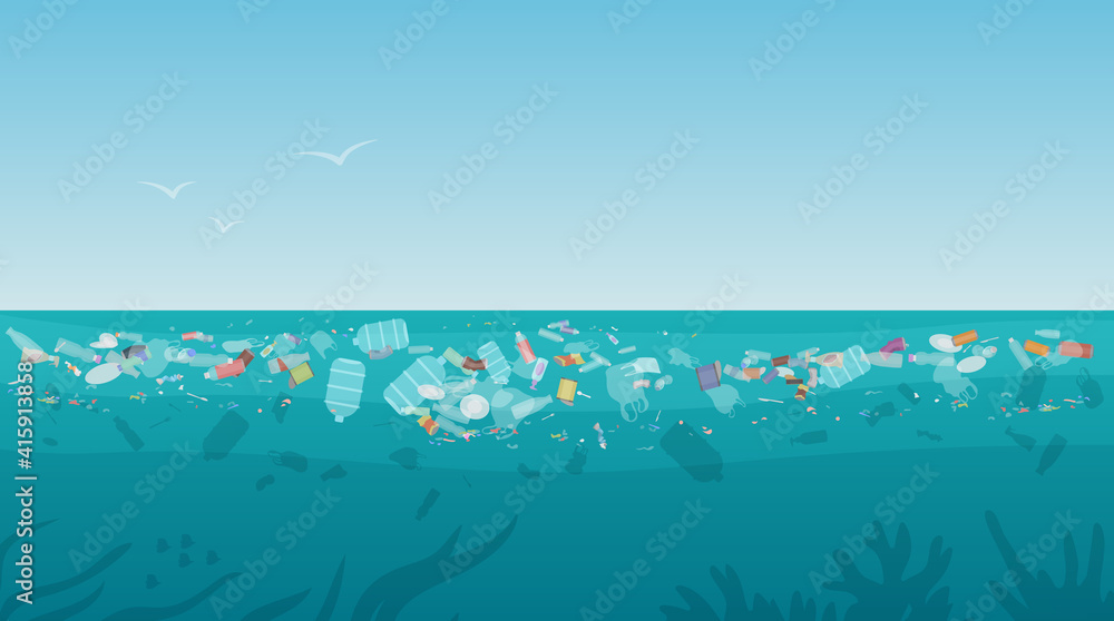 Garbage in polluted sea ocean water vector illustration. Cartoon nature scenery with plastic bottle trash waste rubbish floating on dirty surface water, global environmental world problem background Stock Vector | Adobe Stock Garbage in polluted sea ocean water vector illustration. Cartoon nature scenery with plastic bottle trash waste rubbish floating on dirty surface water, global environmental world problem background Stock Vector | Adobe Stock