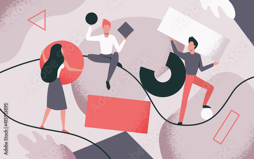People collect scattered abstract geometric shapes teamwork vector illustration. Cartoon man woman team of characters holding circle square rectangle, working on business challenge together background