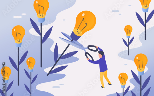 People harvest idea light bulb, business startup concept vector illustration. Cartoon tiny man character with big scissors cutting off lightbulbs growing in garden, businessman harvesting background