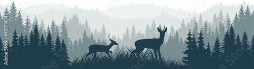 vector mountains forest woodland background texture seamless pattern with Roe deers