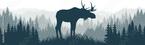 vector mountains forest woodland background texture seamless pattern with moose bull
