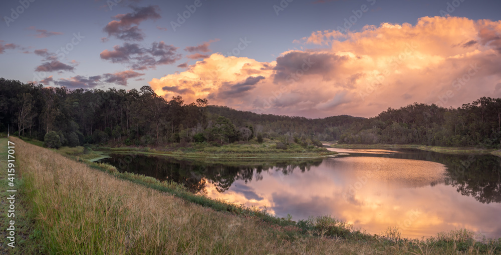 Panoramic Lakeside Morning with Cloud Reflections