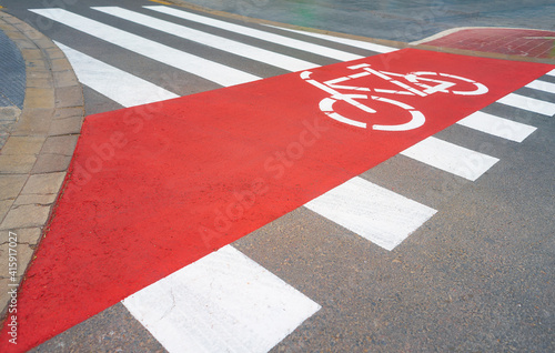Road with freshly painted zebra crossing and bicycle lane