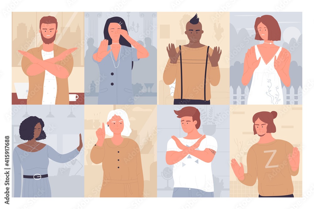People showing stop hand gestures vector illustration set. Cartoon young and old man woman character standing, posing in reject negative warning pose, boycott gesture expression background collection People showing stop hand gestures vector illustration set. Cartoon young and old man woman character standing, posing in reject negative warning pose, boycott gesture expression background collection