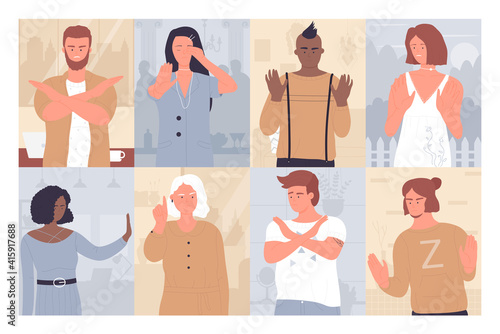 People showing stop hand gestures vector illustration set. Cartoon young and old man woman character standing, posing in reject negative warning pose, boycott gesture expression background collection