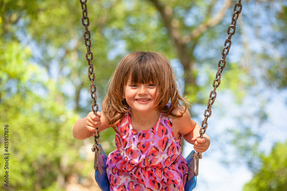 Happy Girl in a pink Dress riding a Swing on a Playground in the Park on a sunny Day in June Happy Girl in a pink Dress riding a Swing on a Playground in the Park on a sunny Day in June
