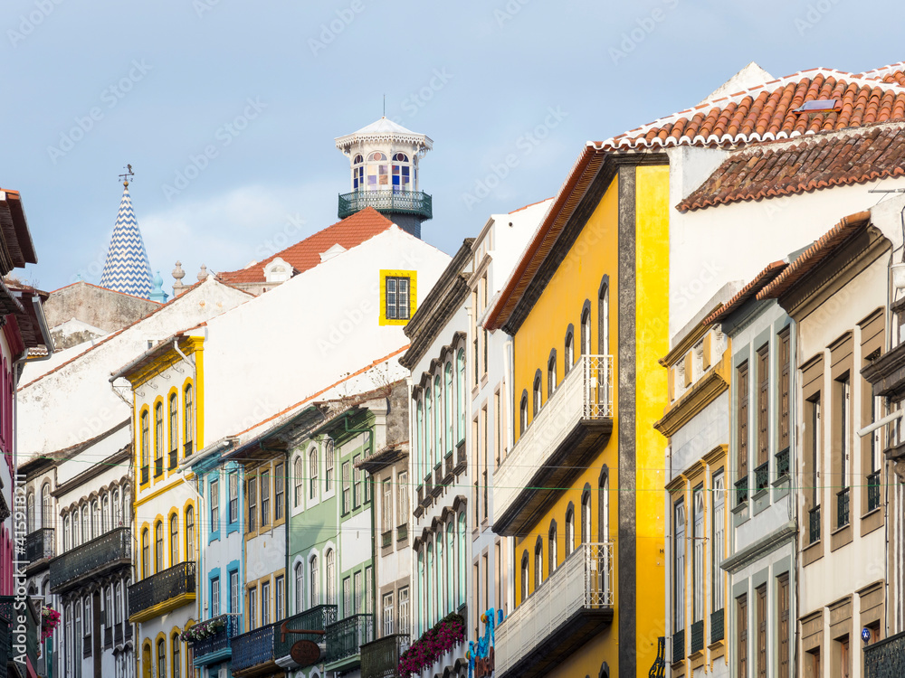 Typical house facades. Capital Angra do Heroismo, the historic center is part of UNESCO World Heritage Site. Terceira Island, Azores, Portugal.