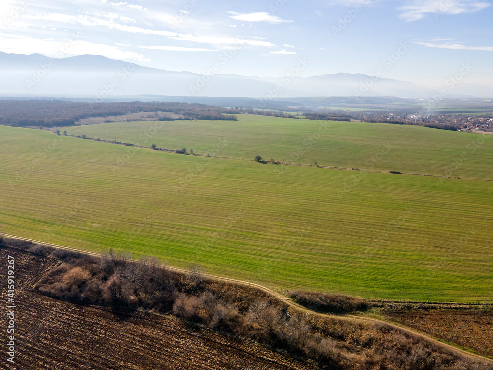 Obraz premium Aerial Sunset view of Upper Thracian, Bulgaria