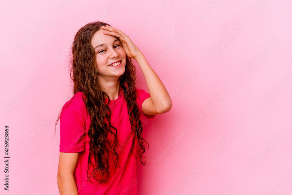 Little caucasian girl isolated on pink background laughing happy, carefree, natural emotion. Little caucasian girl isolated on pink background laughing happy, carefree, natural emotion.