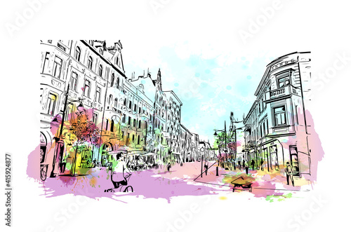 Building view with landmark of Lodz is a city in central Poland. Watercolour splash with hand drawn sketch illustration in vector.