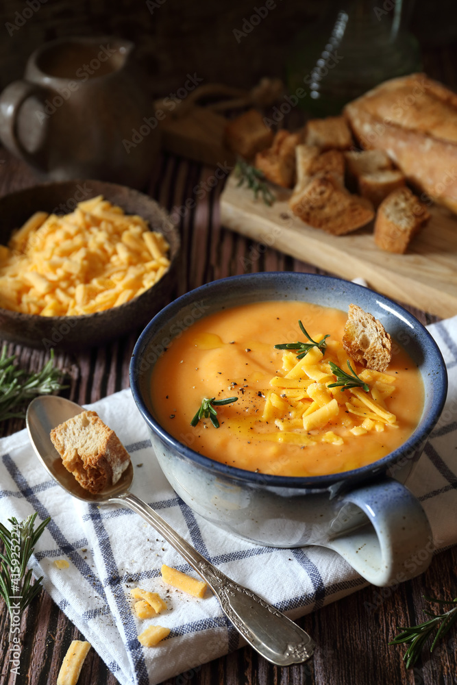 Brighton Soup. Carrot and potato cream soup with cheddar cheese Brighton Soup. Carrot and potato cream soup with cheddar cheese