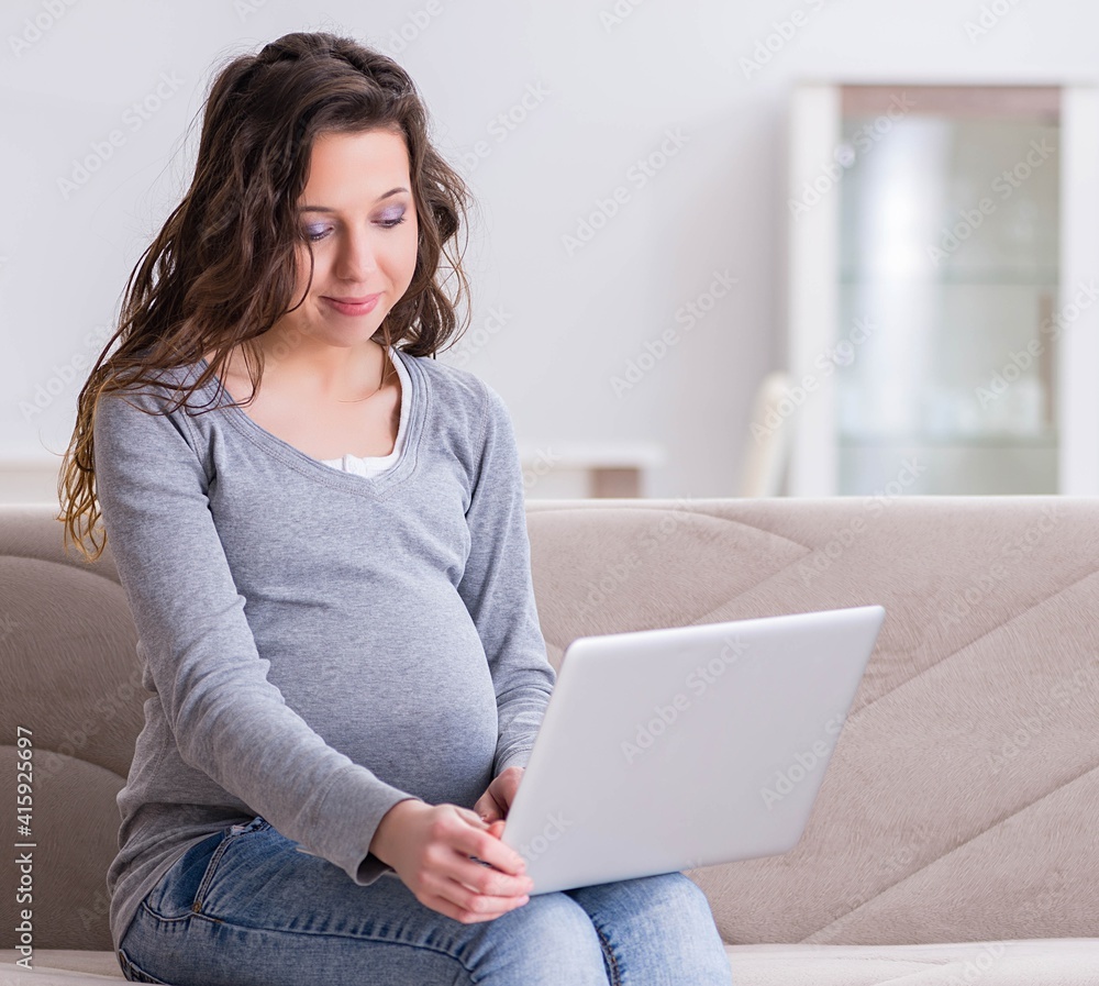 Pregnant woman working on laptop sitting on sofa Pregnant woman working on laptop sitting on sofa