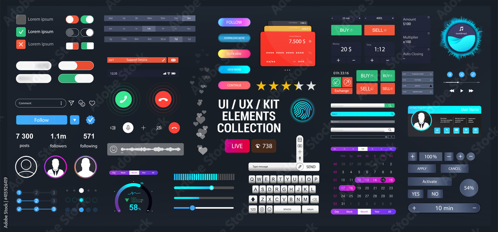 Template elements UI, UX, KIT for Web, App and dashboard. Universal User interface for web design or mobile phone application. Vector set - switches, bars, buttons, social media. UI and UX collection