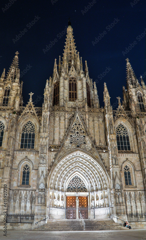 Spain, Barcelona. Cathedral of the Holy Cross and Saint Eulalia at night.