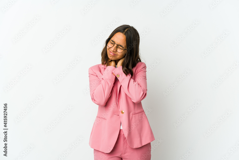 Young latin business woman isolated on white background having fun covering half of face with palm. Young latin business woman isolated on white background having fun covering half of face with palm.