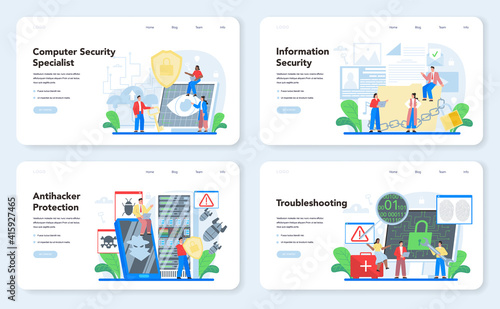 Computer security specialist web banner or landing page set. Idea of digital