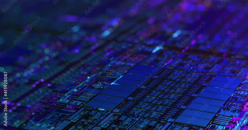 Digital Futuristic Chip, microchip processor with neon lights. Quantum computer, large data processing, database concept. Central Computer Processors CPU motion graphic. 3D rendering, 4K loop