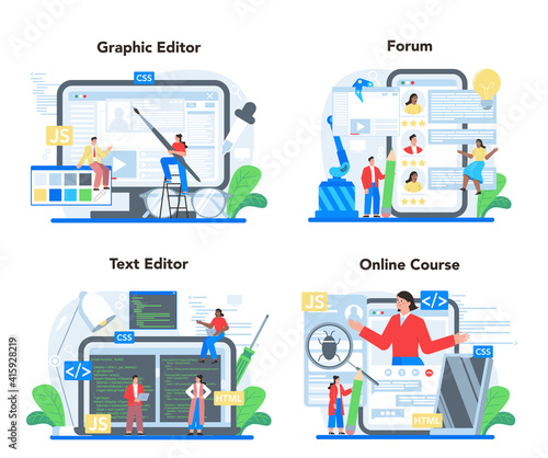 Frontend development online service or platform set. Website interface