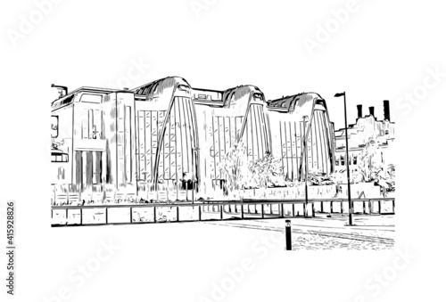 Building view with landmark of Lodz is a city in central Poland. Hand drawn sketch illustration in vector.