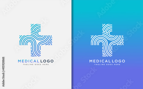 Blue Medical Care Logo Design. Modern Medical Cross Symbol with Abstract Geometric Lines Inside. Vector Logo Illustration.