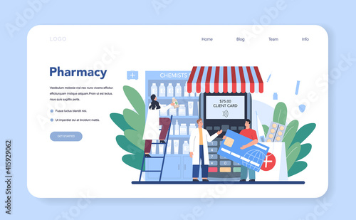 Pharmacy web banner or landing page. Pharmacist selling drugs in bottle and