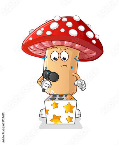fly agaric mushroom play whack a mole mascot. cartoon vector
