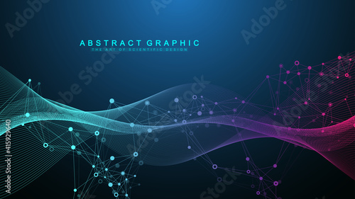 Foto Abstract dynamic motion lines and dots background with colorful particles