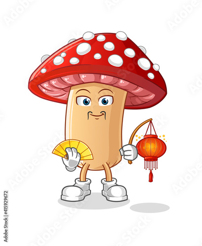 fly agaric mushroom Chinese with lanterns illustration. character vector