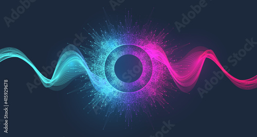 Abstract fiction vector illustration quantum computer technology. Sphere explosion background. Deep learning artificial intelligence. Big data visualization algorithms. Waves flow. Quantum explosion