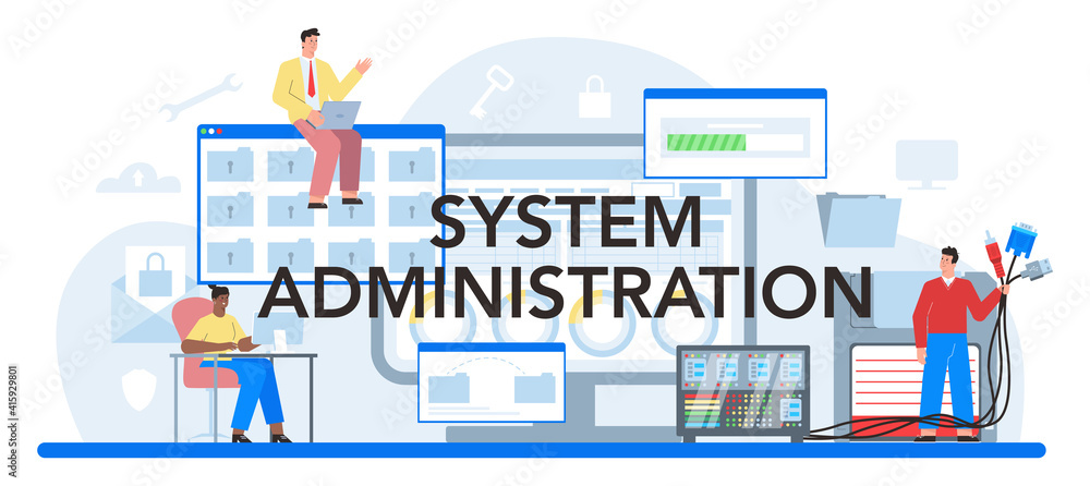 System administration typographic header. Technical work with server