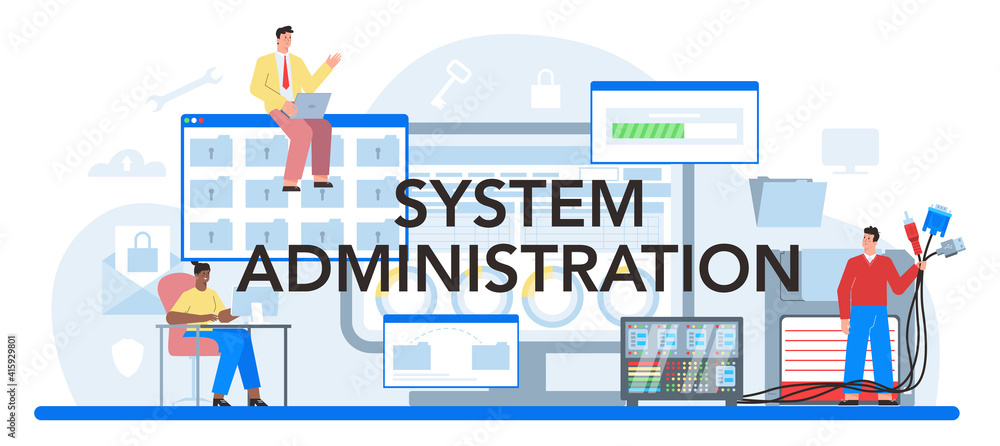 System administration typographic header. Technical work with server System administration typographic header. Technical work with server