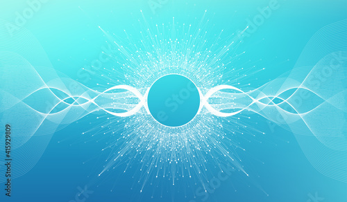 Expansion of life. Colorful explosion background with connected line and dots, wave flow. Visualization Quantum technology. Abstract graphic background explosion, motion burst, vector illustration