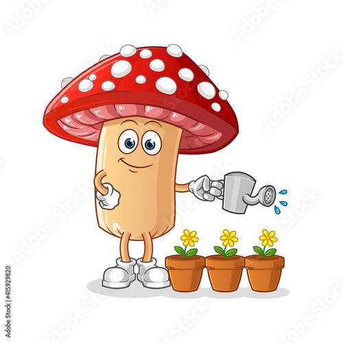 fly agaric mushroom watering the flowers mascot. cartoon vector