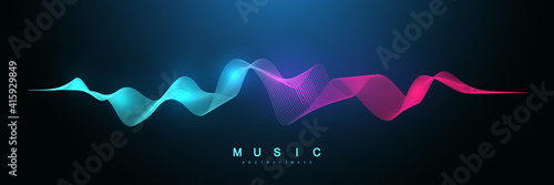Music abstract background. Music wave poster design. Sound flyer with abstract gradient line waves, vector concept