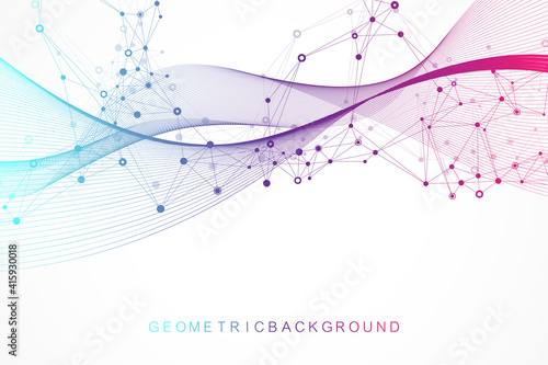 Big Genomic Data Visualization. DNA helix, DNA strand, DNA Test. CRISPR CAS9 - Genetic engineering. Molecule or atom, neurons. Abstract structure for Science or medical background, banner. Wave flow.