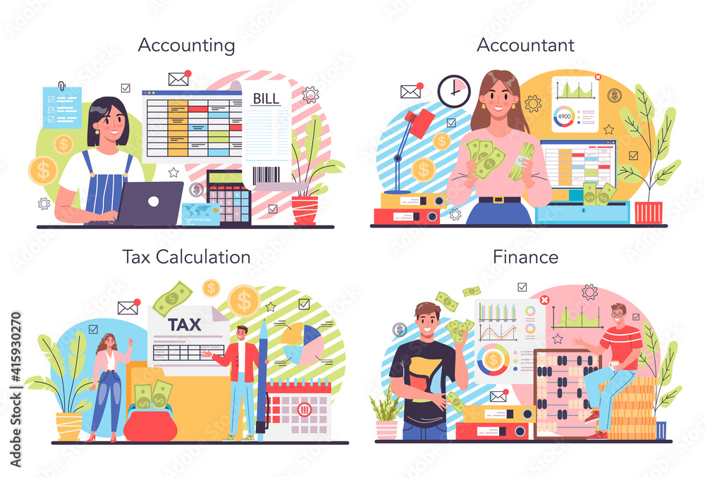 Accountant concept set. Professional bookkeeper. Tax calculating