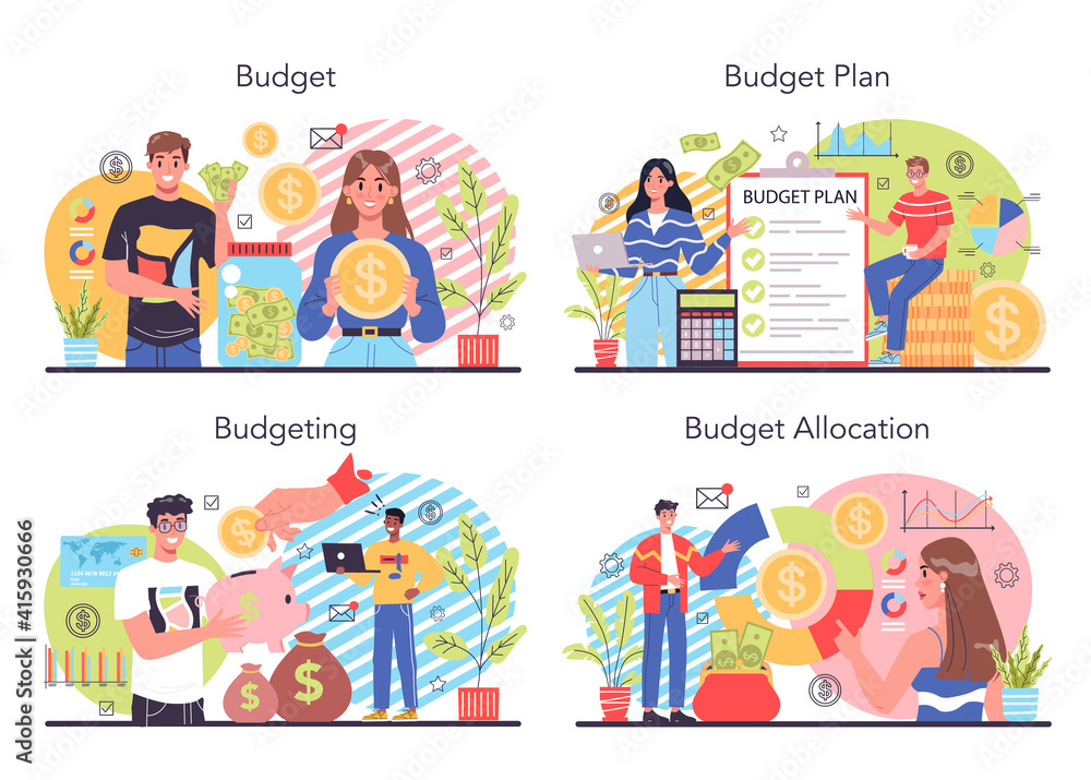 Budgeting concept set. Idea of financial planning and well-being. Budgeting concept set. Idea of financial planning and well-being.