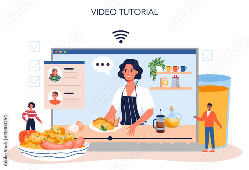 Tasty fried eggs for breakfast online service or platform. Scrambled egg