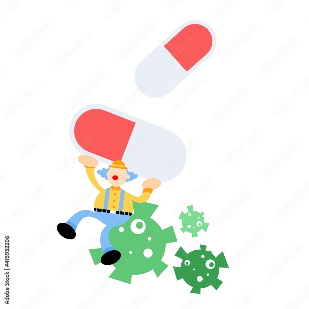 clown carnival cure medicine corona virus pathogen cartoon doodle flat design style vector illustration clown carnival cure medicine corona virus pathogen cartoon doodle flat design style vector illustration
