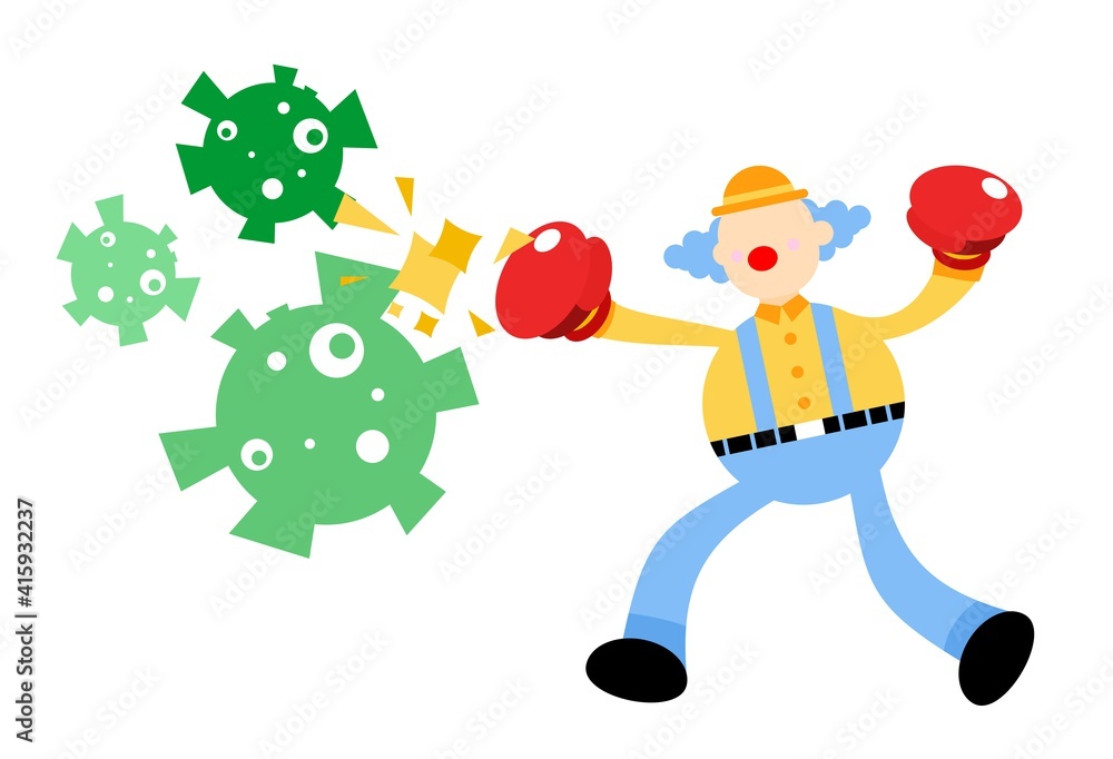 clown carnival protection fight against corona virus pathogen cartoon doodle flat design style vector illustration