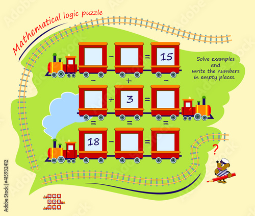 Mathematical logic puzzle game. Solve examples and write numbers in empty places. Page for brain teaser book. Math exercises on addition and subtraction. Play online. Memory training for seniors.