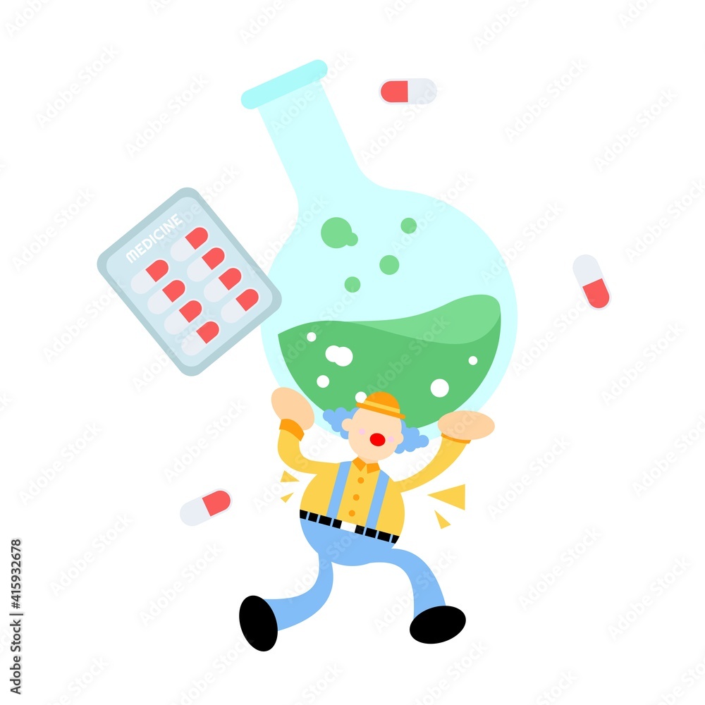 clown carnival and experiment laboratory medicine drug health cartoon doodle flat design style vector illustration