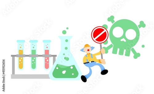 clown carnival stop hazardous skull alert danger toxic laboratory formula cartoon doodle flat design style vector illustration