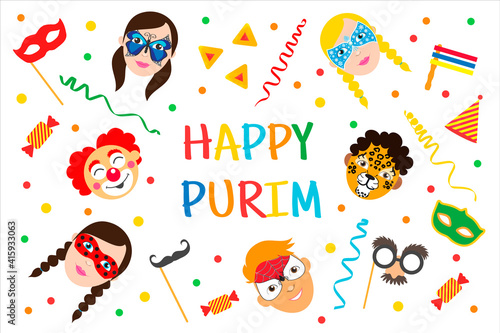 Happy Purim holiday greeting banner. Children with painted faces wearing carnival masks