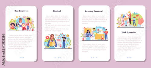 Personnel screening mobile application banner set. Business recruitment