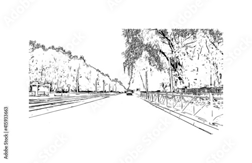 Building view with landmark of Novosibirsk is the
city in Russia. Hand drawn sketch illustration in vector.