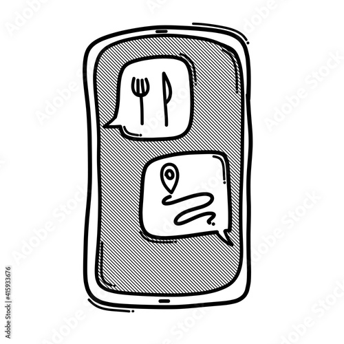 Mobile app food delivery chat doodle vector icon. Drawing sketch illustration hand drawn line eps10