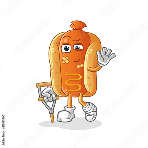 hot dog sick with limping stick character. cartoon mascot vector