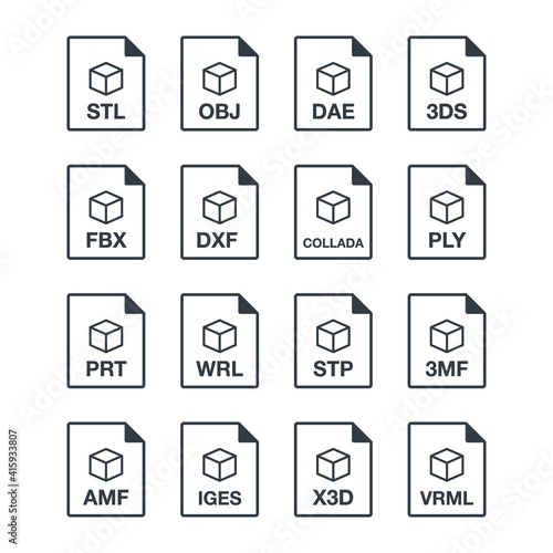 16 black popular 3d line document file format icons set. Multi types simple flat design vector infographic pictogram for app web website button ui ux interface elements isolated on white background